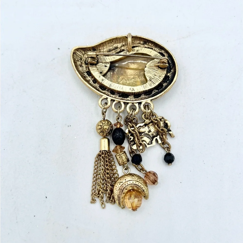 Rare Elephant Brooch Trunk Up Gold Tone w/ Dangled‎ Charms Unique EUC 3.5